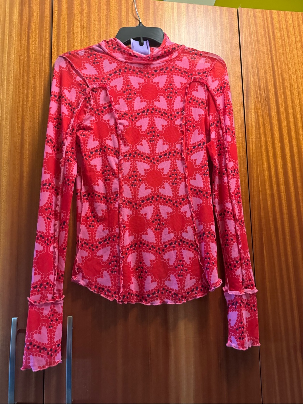 Anna Sui Red & Pink Heart-Print Long-Sleeve Mock Neck Sheer Top